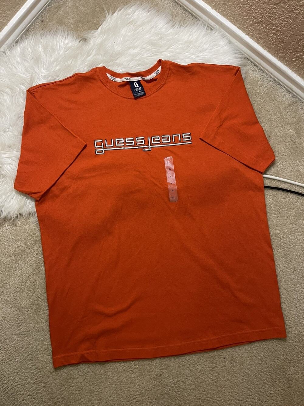 Guess Jeans Y2K Vintage Baggy Loose 3D Print Orange Shirt Made in USA Size XL